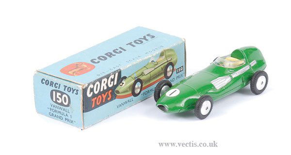 Corgi No.150 Vanwall Racing Car: Corgi No.150 Vanwall Racing Car - green body, clear screen, yellow seat, flat spun hubs with black treaded tyres - Near Mint to Mint in Good, complete blue picture box.