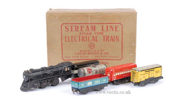 Marx Toys Streamline O Gauge Electric Train Set: Marx Toys (USA) Streamline O Gauge electric train - set comprises 0-4-0 Loco which is black with centre rail pick-up, carriages comprise Oil Tank, Rock Island Open Wagon, Fruit Growers Express Van, Ne
