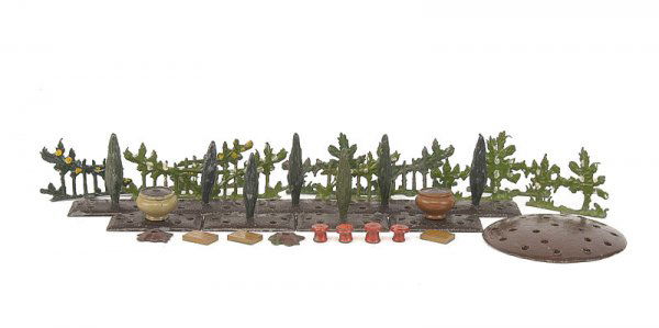 Britains - Garden Series - Flowers: Britains - Garden Series - Flowers, comprising: 2 x 015 - Flower Mound, 2 x 016 - Coloured Vases, 4 x 059 - Flower Pots, 7 x 023 - Conifers, 3 x 069 - Seed Boxes, 1 x 065 - Round Flower Bed, 9 x 048 -