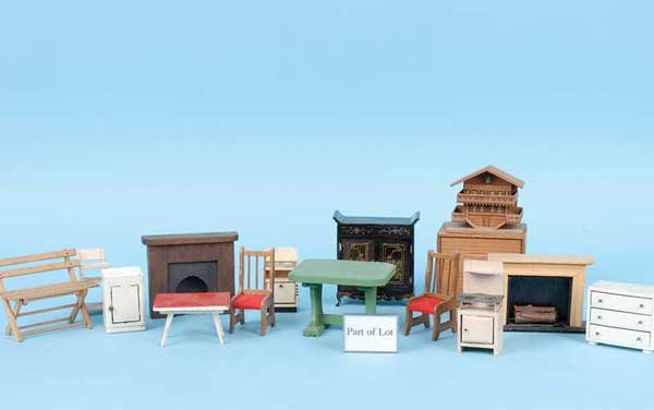 Collection of Wooden Dolls House Furniture: Collection of wooden mainly 1950s/60s dolls house furniture, including: Chinese lacquer work screen, pair of chairs, cabinet, table, (these are boxed); deckchair; patio type tables , bench and a pair