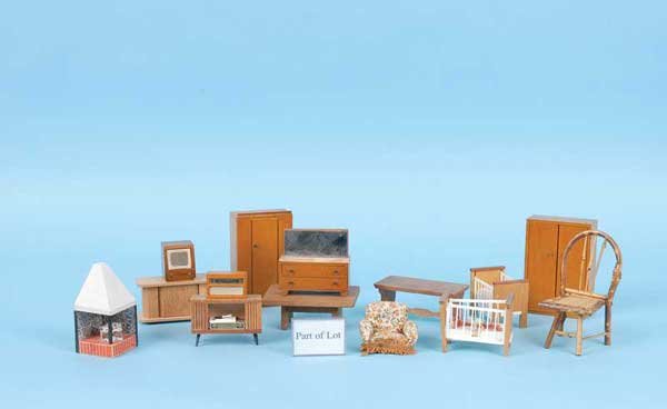 Miscellany of Wooden Dolls House Furniture: Miscellany of wooden dolls house furniture, mainly 1950s/60s, including: beds, wardrobes, chest of drawers, dressing tables, televisions, radiogrammes, Dol-Toi fireplace; tables, chairs, fireplaces, e