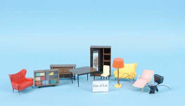 Tri-ang Spot-On Dolls House Furniture: Tri-ang Spot-On dolls house furniture, quantity of unboxed including: sinks, bookcases, radiograms, chest of drawers, piano, wing back settees, wing chairs, TV chairs, tables, chairs, Bush TV, beds, t