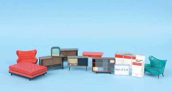 Tri-ang Spot-On Dolls House Furniture: Tri-ang Spot-On dolls house furniture, quantity of unboxed including: sinks, bookcases, cabinets, wing chairs, wing settees, TV chairs, chairs, sinks, radiogram, Bush TV, dressing tables, lamps, table