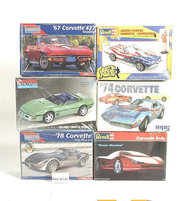 Monogram, Revell and Other Plastic Corvette Kits: Monogram, Revell and other plastic Corvette kits - to include Revell Snaptite Spyder, 68 Corvette Coupe and Austin Powers models. Monogram kits include 57, Speedster, Indy Pace Car, 65 Coupe, 57 Stree