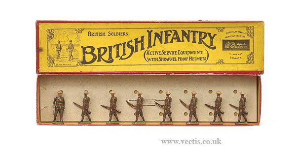 Britains - Set 195 - British Infantry: Britains - Set 195 - British Infantry - Pre-war version - mid 30's paint style comprising of Marching Officer carrying baton together with 7 Marching Soldiers at the trail - Active Service Equipment w
