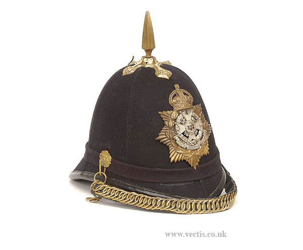 A re-enactors-British 1902 pat Officers Helmet: A re-enactors copy British 1902 pattern Officers Blue Cloth Home Service Helmet of the Border Regiment, comprising: Blue cloth covered helmet [based upon an early 20th Century Police helmet] with leat