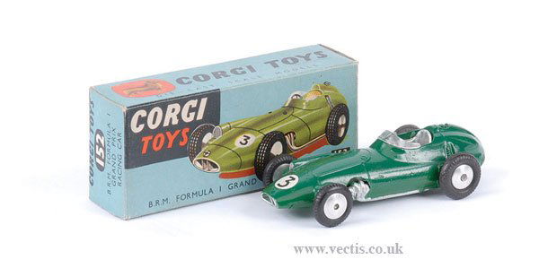 Corgi No.152 BRM Racing Car: Corgi No.152 BRM Racing Car - dark green body, silver seat/trim, clear screen, flat spun hubs, black tyres, racing number 3 - Near Mint to Mint in Excellent Plus blue card picture box.