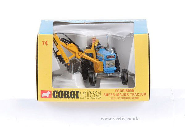 Corgi No.74 Ford 5000 Super Major Tractor: Corgi No.74 Ford 5000 Super Major Tractor with hydraulic scoop - blue, grey including plastic front and rear hubs, yellow, chrome bucket - Mint, inner plastic tray is Near Mint outer blue and yellow w