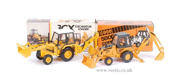 NZG No.277 JCB 3CX Excavator Loader & Others: NZG No.277 JCB 3CX Excavator Loader - yellow, white, black - Mint in Good Plus to Excellent correct issue colour picture box and Conrad No.2931 Case 580D Construction King - deep yellow, black - Near