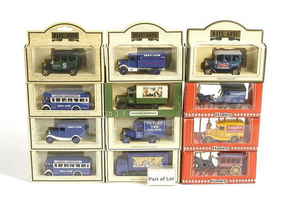 Lledo Days Gone Diecast Models: Lledo Days Gone diecast models - lot comprises assorted Horsedrawn Vehicles, Delivery Vans, Cars, Buses etc in such liveries as Singer Sewing Machine, Hamleys, Rowntrees, Royal Mail, 7-Up, Campbells S