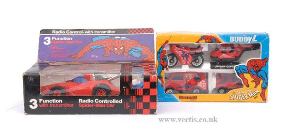 Spiderman Car & Vehicle Sets: Spiderman Car & Vehicle Sets, boxed - Buddy L - 4 piece Super Heroes Vehicle Set comprising Motor Bike, Helicopter, Van and Car, contents Mint in Good Plus box; Spiderman remote control Car No.6852, 3