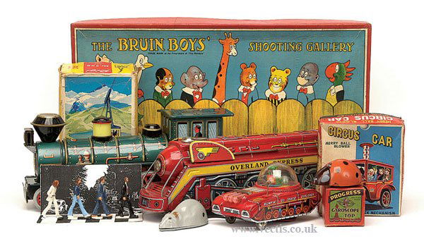 Tinplate and Plastic Novelty Toys: Tinplate and plastic novelty toys: (1) Yoshiya/Kobe Yoko Ltd Circus Car, Merry Ball Blower, clockwork, Excellent within Good box; (2) Lehmann Rigi 900 Cable Car, Good Plus in Good box; (3) Bump N Go S