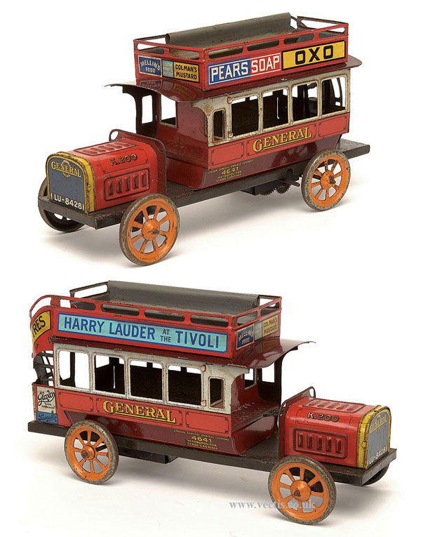 Bing (Germany) No.30234 B Type Motor Bus: Bing (Germany) No.30234 B type Motor Bus - very scarce tinplate clockwork toy bus dating from the 1920 period, red, white, maroon, orange spoked wheels, "General" to lower sides. Includes advertising