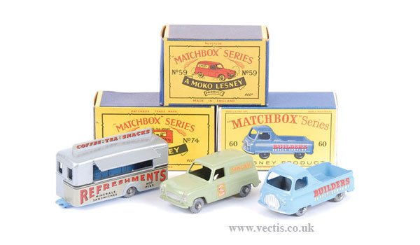 Matchbox No.59a Thames "Singer" Van & Others: Matchbox Regular Wheels No.59a Ford Thames "Singer" Van - pale green, black base, knobbly grey plastic wheels - Near Mint including type B Moko box, No.60a Morris J No.2 Pick-up "Builders Supply Co" -