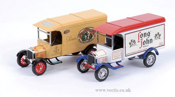 Matchbox MOY Pre-pro Y21 Ford Model TT x 2: Matchbox Models of Yesteryear Pre-production No.Y21 Ford Model TT - a pair (1) "Anchor Steam Beer" - cream body and roof, black chassis, red wheels and (2) "Long John" - white body, red roof, blue cha