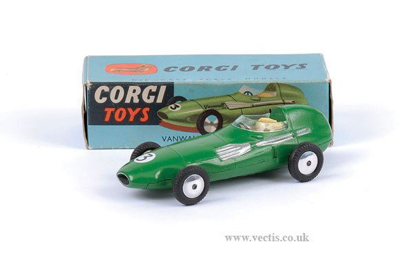 Corgi No.150 Vanwall Racing Car: Corgi No.150 Vanwall Racing Car - green, yellow seat, clear screen, flat spun hubs, racing number 3 - Mint in Good Plus to Excellent blue card picture box.