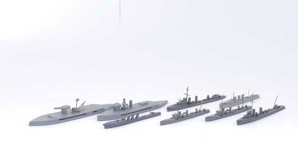 Bassett-Lowke or similar Warships: Bassett-Lowke or similar wooden 1/1200th scale model Warships including Monitor HMS Terror (slight damage and missing funnel) another smaller Monitor, a number of Destroyers including HMS Firefly with