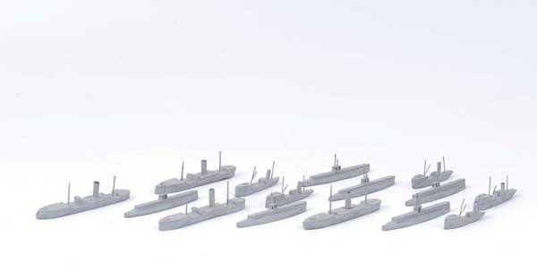 Bassett-Lowke or similar Naval Vessels: Bassett-Lowke or similar wooden 1/1200th scale Naval Vessels including - 6 Submarines L Class, 4 x Auxiliary Supply Ships P Class and 5 x Armed Trawlers A type. All finished in pale warship grey and a