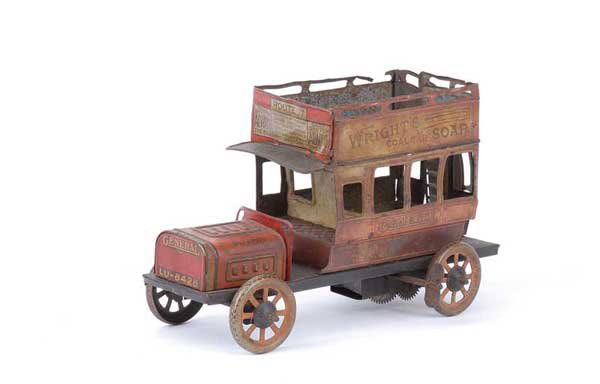 Bing Opentop Double Decker Bus: Bing Opentop Double Decker Bus measuring 7 1/2" x 3 1/2" wide x 4 1/2" tall, this opentop double decker bus is tinprinted in cream, red incorporated in the tinprinting is general for the London Genera