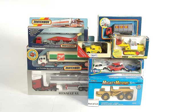 Matchbox/Siku/Ertl & Other Diecast Vehicles: Matchbox, Siku, Ertl, Corgi Classics a quantity consisting of Matchbox Superking K106 Aircraft Transporter, K124 Mercedes Benz Refrigerated Truck 7UP, Ertl Caterpillar D10N, Siku 2922 Cement Mixer, Co