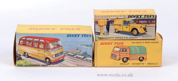French Dinky - A Group of Empty Boxes: French Dinky empty boxes to include No.541 Mercedes Benz Auto Car, No.560 Citroen Van "Postale" and No.563 Renault Estatte - conditions are Good to Excellent. (3)