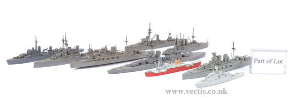 A Large Group of Waterline Ship Models: Waterline Ship Models of approximately 1/1200th scale, all hand-made models of naval ships. A very large collection of largely World War II Vessels including, Battleships, Cruisers, Destroyers and Aux