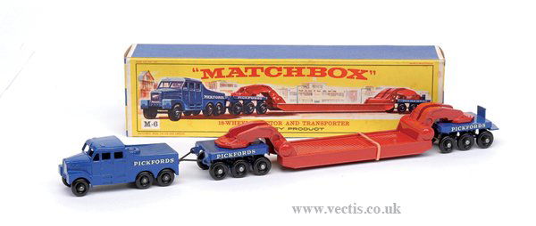 Matchbox M6 Scammell Ballast Tractor "Pickfords": Matchbox Major Pack No.M6 Scammell 6 x 6 Ballast Tractor with "Pickfords" Low Loader Trailer - blue, bright red, black plastic wheels - Mint in Excellent Plus in late issue detailed colour picture box