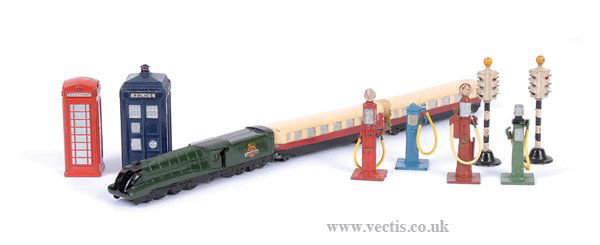 Dinky No.798 Loco & Accessories: Dinky Train and accessories - No.798 green/black Loco, 2 x cream/red Coach,. Police, Telephone Box, Petrol Pumps and 4-way Traffic Lights - overall Good to Excellent. (11)