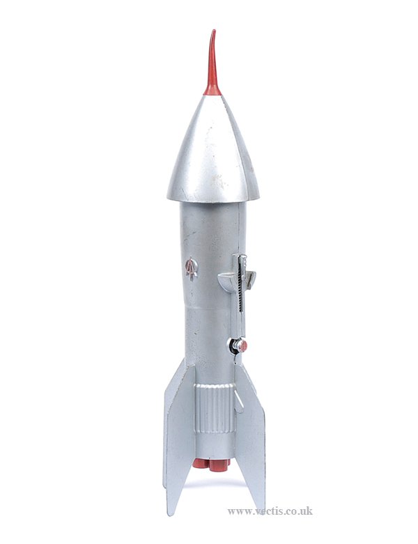 Berzac Astro Space Ship Coin Bank: Berzac Astro Space Ship Rocket Guided Missile zinc diecast coin Bank, American, 1950s, red rubber nose cone, place coin in slot, press red button and coin shoots into nose cone and down into rocket, G