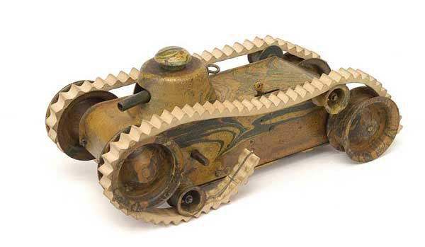 Marklin - Pre-War [1935/36] - Model 1087/1 Tank: Marklin - Pre-War [1935/36] - Model 1087/1 - Large size Tin plate, clockwork powered tank loosely based upon the French "Char bis", [O/A L 21 x W 8.5 x H 10cm]. Tin plate construction, firing gun in f