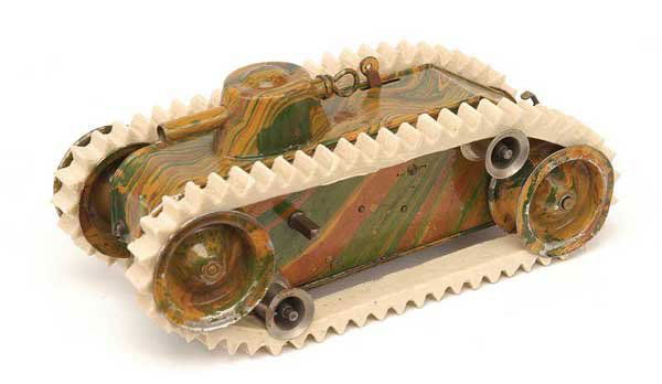Marklin-[1935/36]-Model 1087-Medium size tank: Marklin - Pre-War [1935/36] - Model 1087 - Medium size Tin plate, clockwork powered tank loosely based upon the French "Char bis", [O/A L 16.5 x W 6.5 x H 7.5cm]. Tin plate construction, firing gun in