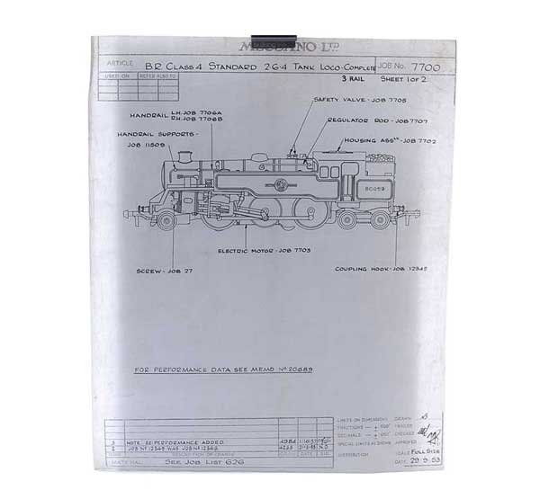 Meccano "2-6-4 Tank Loco" Original Drawing: Meccano Original Factory ink on tracing paper Drawing of "BR Class 4 Standard 2-6-4 Tank Locomotive" - being Job No.7700 and originally drawn of the 29th September 1953 with 2 amendments the last date