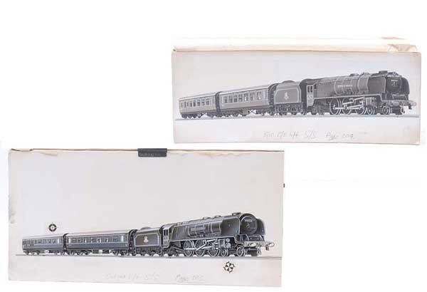 Hornby Dublo Factory Artwork for P22 Train Set: Hornby Dublo Factory Artwork for P22 Train Set being the Duchess of Montrose going from left to right with Royal Scot header and coachboards with Factory label to back, see page 304 of the Hornby Dubl