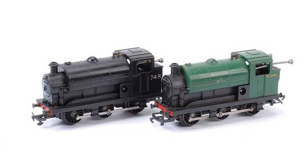Triang - 0-6-0 Clockwork Saddle Tank Locos: Triang unboxed a pair of 0-6-0 Clockwork Saddle Tank Locos (1) R151 black livery No.748, (2) TR black and green livery, saddle tank transfers either missing or worn, conditions Good to Good Plus. (2)