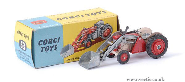 Corgi No.53 Massey Ferguson with Shovel: Corgi No.53 Massey Ferguson with Shovel - cream engine/body, red bonnet, chassis, plastic hubs, bare metal shovel assembly, seat - Excellent Plus in Good Plus picture card box.