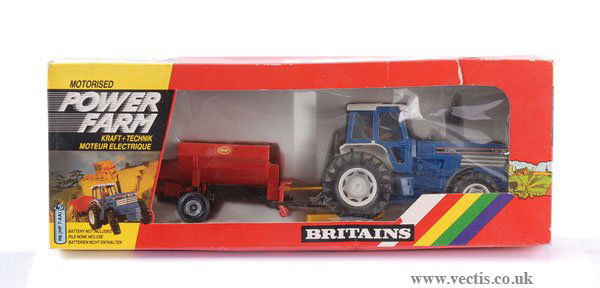 Britains Power Farm No.9381 Ford Tractor: Britains Power Farm No.9381 Ford Tractor - blue/white with red Bicon varie spreader trailer - Near Mint, would benefit from cleaning in Good Plus window style box.