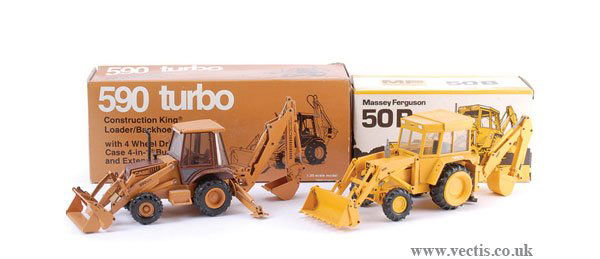 Conrad - A Pair of Tractors: Conrad Case, Massey Ferguson - No.2934 CASE Construction King 590 Turbo, light/dark brown, No.2951 Massey Ferguson 50B, yellow, "melting" to rear hubs/tyres - overall Excellent in Good Plus boxes. (2)