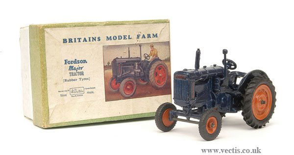 Britains No.128F Ford Major Tractor: Britains No.128F Ford Major Tractor - blue body, orange metal wheels - Excellent Plus with Good original box lid with picture paper label.
