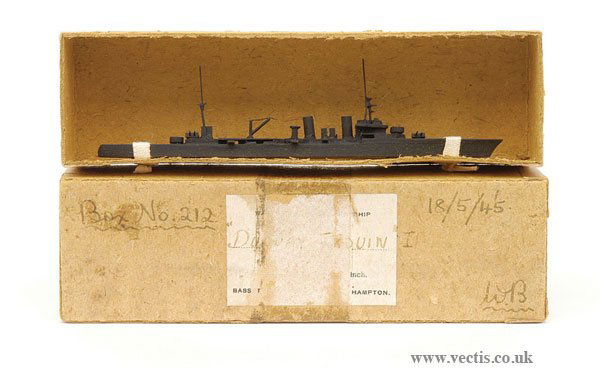 Bassett-Lowke "Duguay-Trouin" Warship: Bassett-Lowke Waterline 1/1200th scale Wartime Warship Recognition model of "Duguay-Trouin" in black and still strapped to base of original plain brown box with Bassett-Lowke label to lid - model is M