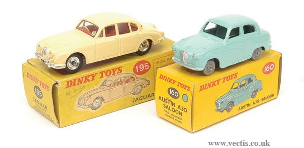 Dinky No.160 Austin A30 Saloon & Others: Dinky No.160 Austin A30 Saloon - turquoise, grey plastic wheels - Mint in Excellent carded box with correct colour spot and No.195 Jaguar 3.4 Saloon - cream body, red interior, chrome spun hubs with b