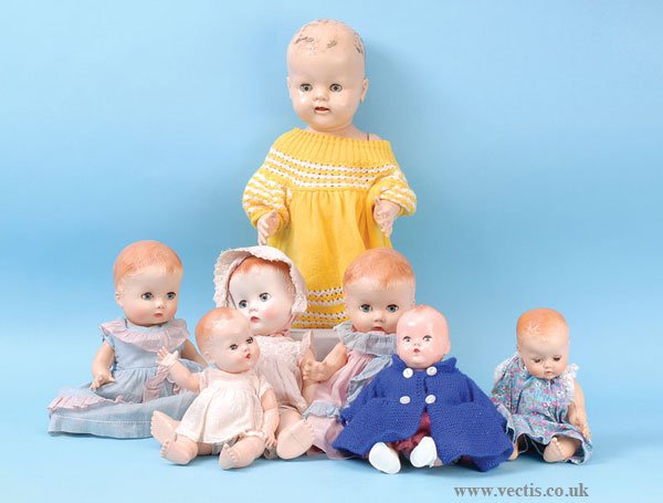 British National Hard Plastic Dolls: British National dolls hard plastic, seven dolls: (1) & (2) baby dolls, blue weighted eyes, moulded hair, each wearing original pink and blue cotton dresses, Good Plus to Excellent, 12.5"/32cm; (3), (