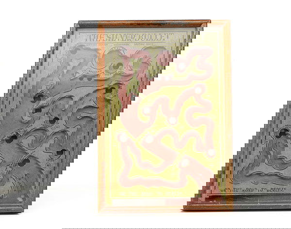 Silver Bullet or Road to Berlin game - c1914-18: RF&S - The Silver Bullet or the Road to Berlin game - circa 1914 -18, comprising: a glazed wooden framed [9.5 x 6.5 inches] box containing a wooden maze with obstacles & ball bearing. The object of th