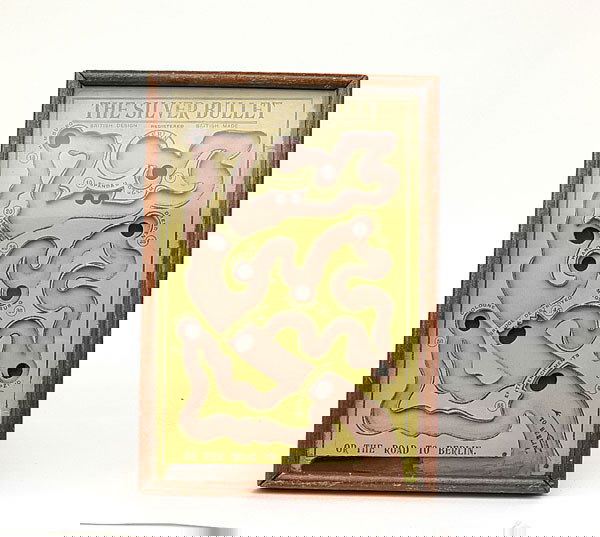 Silver Bullet - Road to Berlin game-c1914-18: RF&S - The Silver Bullet or the Road to Berlin game - circa 1914 -18, comprising: a glazed wooden framed [9.5 x 6.5 inches] box containing a wooden maze with obstacles & ball bearing. The object of th