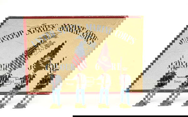 Britains - Set 2101 - US Marine Corps Colour Gd: Britains - Set 2101 - US Marine Corps Colour Guard - post war - comprising of 2 marching colour bearers together with 2 escorts at the slope - Excellent in VG box with printed label - old marks to ins