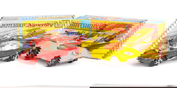 Matchbox No.1 Mod Rod & No.36 Draguar: No.1 Mod Rod - yellow, amber window, chrome engine, "Scorpion" bonnet decal - Mint in Near Mint 3rd Series box, No.36 Draguar - metallic red, cream interior, chrome engine, clear dome, rear decal - Mi