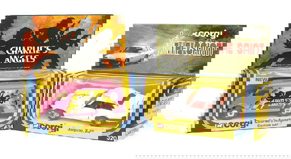 Corgi 434 Charlie's Angels & 320 The Saints Car: No.434 Custom Van "Charlie's Angels" - pink - Mint including window box and No.320 Jaguar XJS "The Saint" - white, red interior, dish wheels, aerial - Mint in Excellent Plus window box. (2)