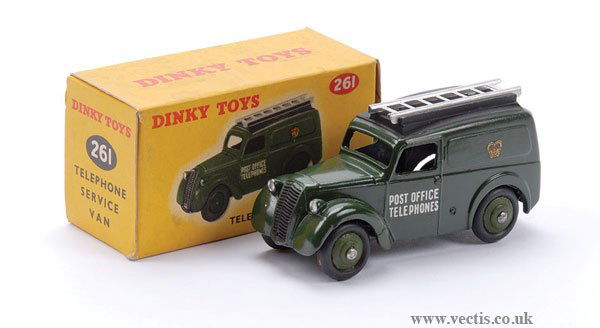 Dinky No.261 "Post Office Telephones" Van: Dinky No.261 "Post Office Telephones" Service Van - green including ridged hubs, black roof with chrome ladders - Near Mint in Good Plus to Excellent carded box (slightly grubby on one non picture sid