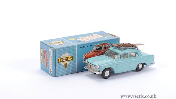 Spot-On No.184 Austin A60 Cambridge: Spot-On No.184 Austin A60 Cambridge - pale blue, cream interior with grey steering wheel, roof rack with 2 x brown skis and sticks, cast spun hubs - Good Plus to Excellent - still displays well in Goo
