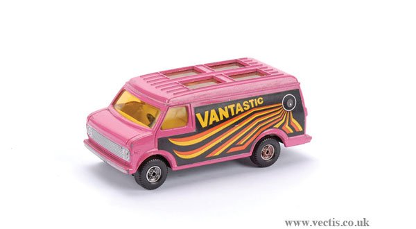 Corgi Pre-production Chevrolet Van "Vantastic": Corgi Pre-production Chevrolet Van "Vantastic" - pink body with yellow black and orange side decals, 4-spoke wheels - does have a number of chips to roof - still displays well.