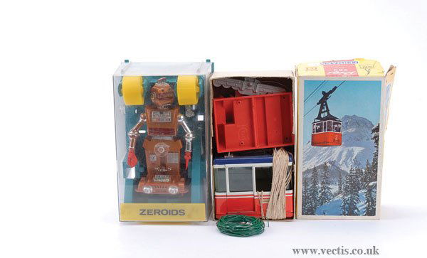 Ideal Zeroids Zobor (Hong Kong) Plastic Robot: Ideal Zeroids Zobor (Hong Kong) plastic Robot, 1968, not checked for completeness, appears Good within Good perspex case, 7"/18cm; plus Lehmann Rigi 900 tinplate Cable Car, boxed, Good. (2)
